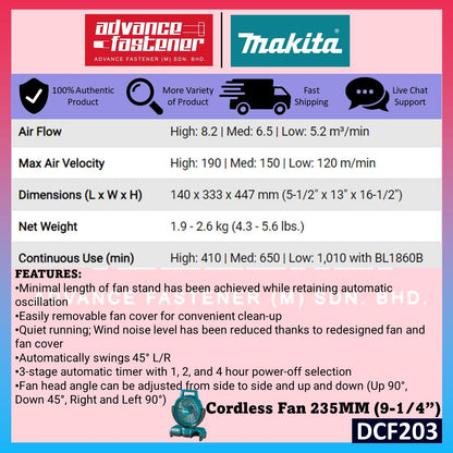 Makita DCF203 / DCF203Z 18V Cordless Fan 235MM (9-1/4")