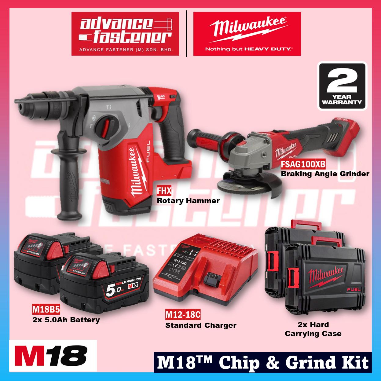 Milwaukee M18 CHIP & GRIND KIT ( FHX M18 FUEL Gen II Rotary Hammer / FID3 M18 FUEL Gen IV Impact Driver / FPD3 M18 FUEL Gen IV Driver Drill / FSAG100XB M18 FUEL Gen II Braking Grinder )