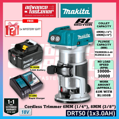 Makita DRT50ZJX9 / DRT50Z 18V Cordless Trimmer Router 6MM (1/4") , 8MM (3/8") | Mesin Trimmer Kayu