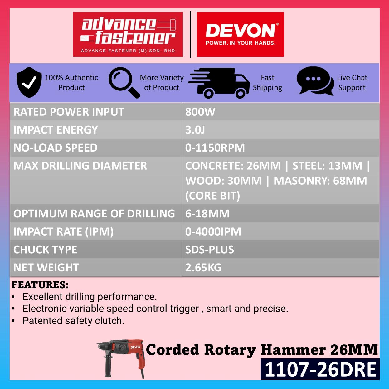 DEVON 1107-26DRE Corded Rotary Hammer 26MM 800W