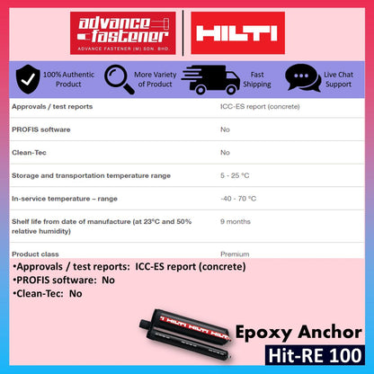 Hilti HIT-HY 200-R V3 / HIT-RE 500 V4 / HIT-RE 100 Epoxy Anchor 20 unit ( RE500 / RE100 / HY200 ) **FOC HDM500 + CB500 / CR500 Manual Adhesive Dispenser + Cartridge Holder