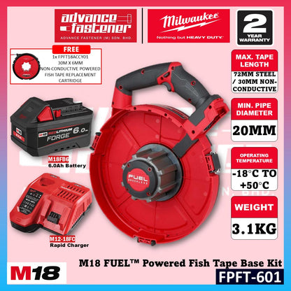 Milwaukee FPFT-501 / FPFT-0 M18 FUEL Powered Fish Tape Kit w/ FPFT18ACCY01 30m x 6mm Non-Conductive Powered Fish Tape Replacement Cartridge