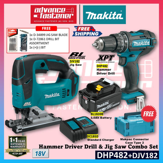 Makita 18V Cordless Combo Set ( DHP482 Cordless Hammer Driver Drill / DJV182 Cordless Jig Saw)