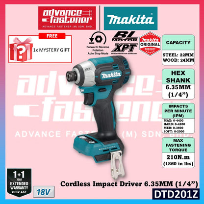 Makita DTD201RTJ / DTD201Z 18V Cordless Impact Driver 6.35 mm (1/4") (Brushless)
