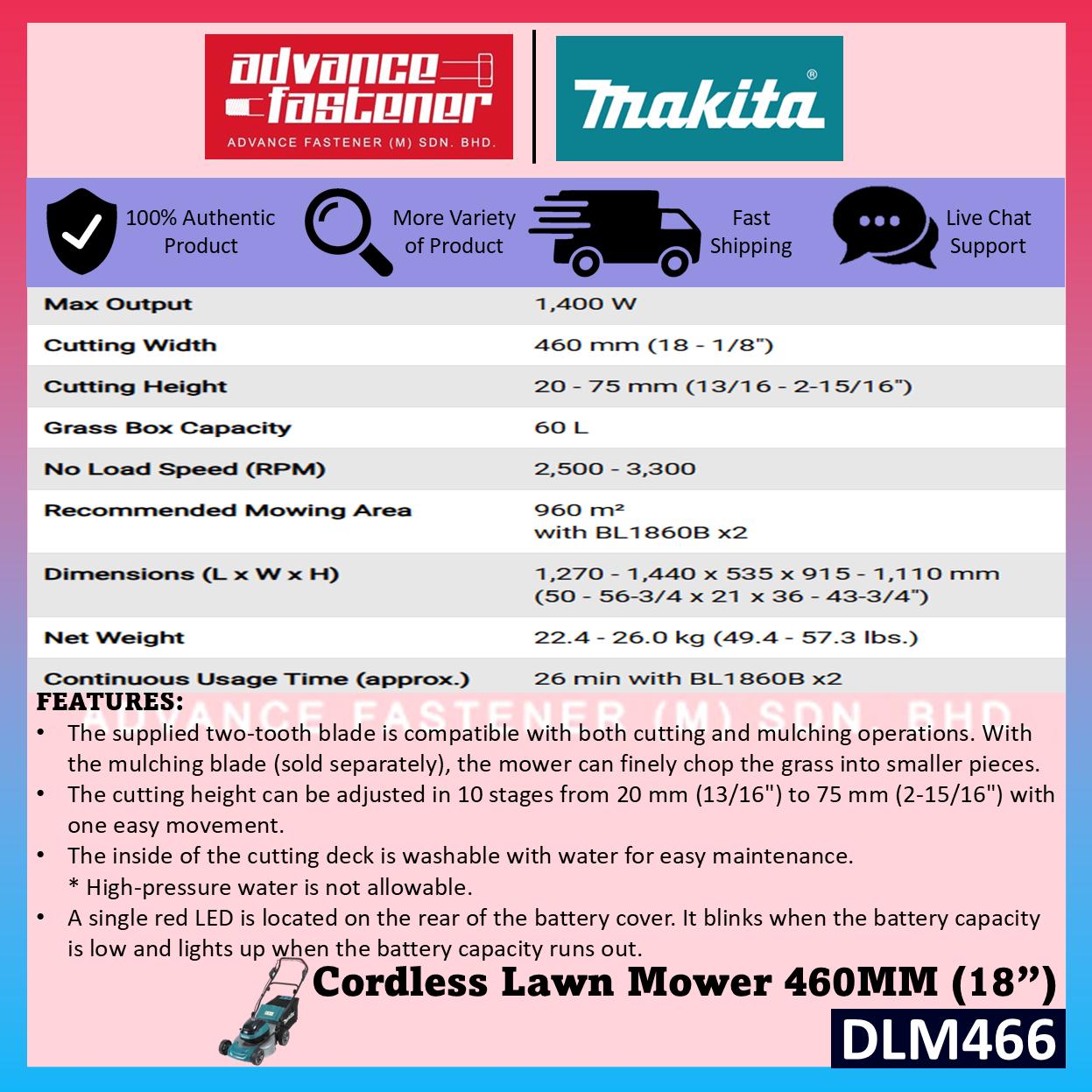 MAKITA DLM466 / DLM466Z 18V x2 Cordless Lawn Mower 460MM (18")