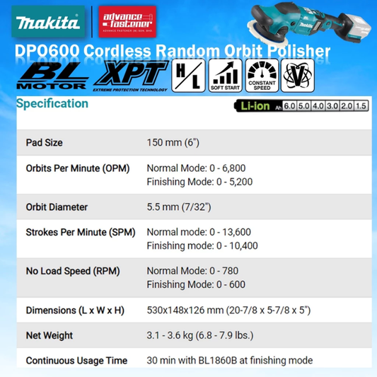 Makita DPO600Z DPO600 18V Cordless Random Orbit Polisher 150MM (6")