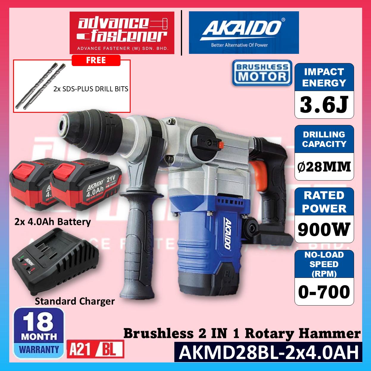 Akaido AKMD28BL 21V Brushless Cordless 2 IN 1 Rotary Hammer 28MM 3.6J