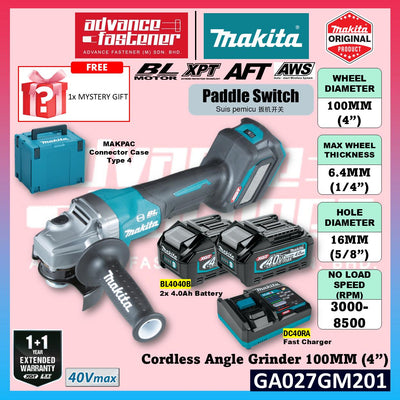 MAKITA GA027GM201 / GA027GZ 40Vmax Cordless Angle Grinder 100MM (4") ( Paddle Switch )