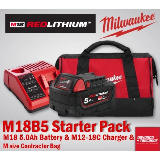 Milwaukee M18B5 5.0Ah Battery Stater Pack / 1 unit M12-18C Standard Charger / 1 unit M Size Contractor Bag
