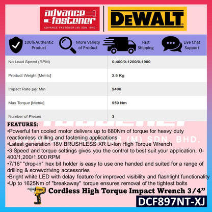 DeWalt DCF897NT-XJ 18V XR Cordless High Torque Impact Wrench 3/4”