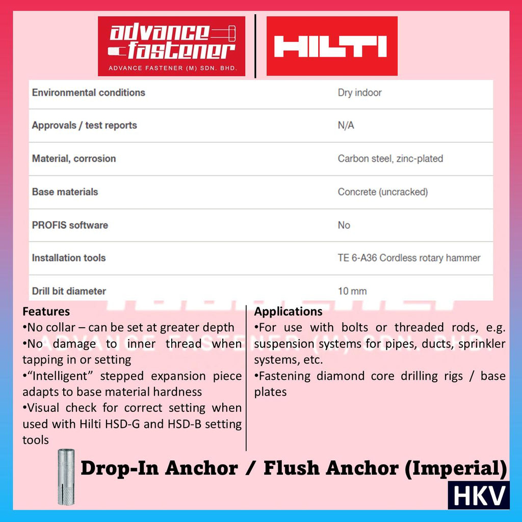 Hilti HKV Drop-in Anchor / Flush Anchor (imperial) 1/4"x25 & 5/16"x30 & 3/8"x30 & 3/8"x40 & 1/2"x50
