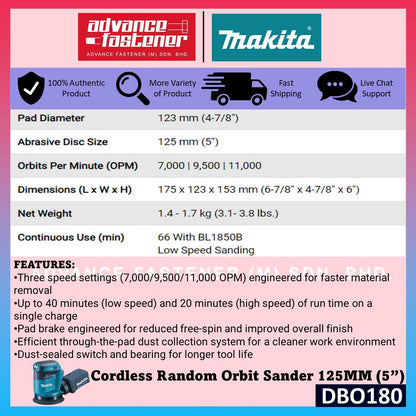 Makita 18V LXT Cordless Combo ( DBO481 Finishing Sander / DBO180 Random Orbit Sander )