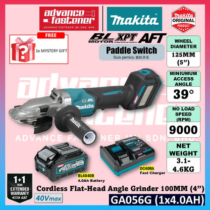Makita GA056GZ 40Vmax Cordless Flat-head Angle Grinder 125MM (5") ( Paddle Switch )