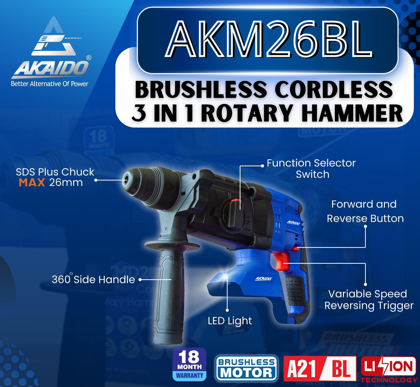 Akaido AKM26BL 21V Brushless Cordless 3 IN 1 Rotary Hammer 26MM 3.8J