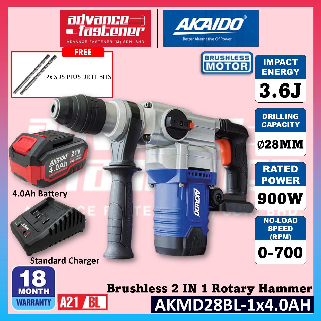 Akaido AKMD28BL 21V Brushless Cordless 2 IN 1 Rotary Hammer 28MM 3.6J