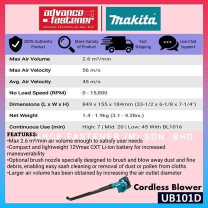 READY STOCK | ORIGINAL Makita UB101 / UB101DZ 12Vmax Cordless Blower