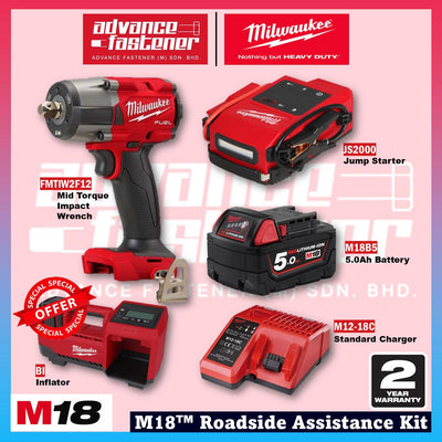 Milwaukee M18 Roadside Assistance Kit ( FMTIW2F12-0X0 M18 FUEL Gen II Mid-Torque Impact Wrench 1/2" / JS2000-0 M18 Jump Starter / BI-0 M18 Inflator )