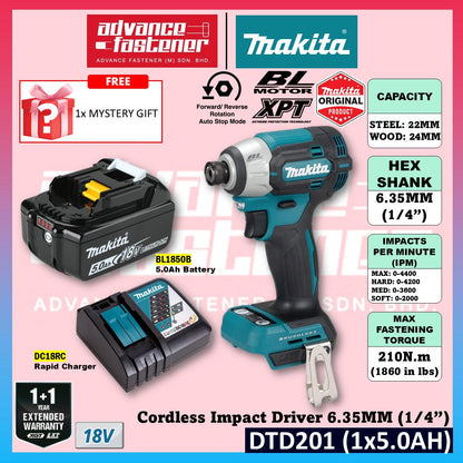 Makita DTD201RTJ / DTD201Z 18V Cordless Impact Driver 6.35 mm (1/4") (Brushless)