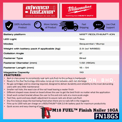 Milwaukee FN18GS-502X / FN18GS-0X0 M18 FUEL Finish Nailer 18Ga