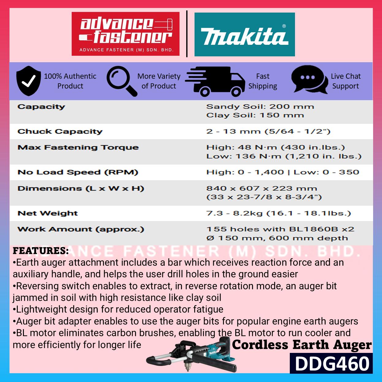 Makita DDG460 / DDG460ZX7 18Vx2 Cordless Earth Auger **FREE THREE size Earth Auger Bit