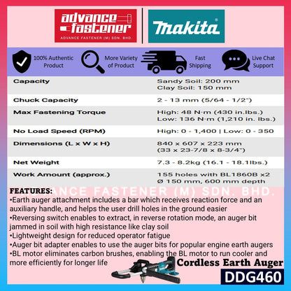 Makita DDG460 / DDG460ZX7 18Vx2 Cordless Earth Auger **FREE THREE size Earth Auger Bit