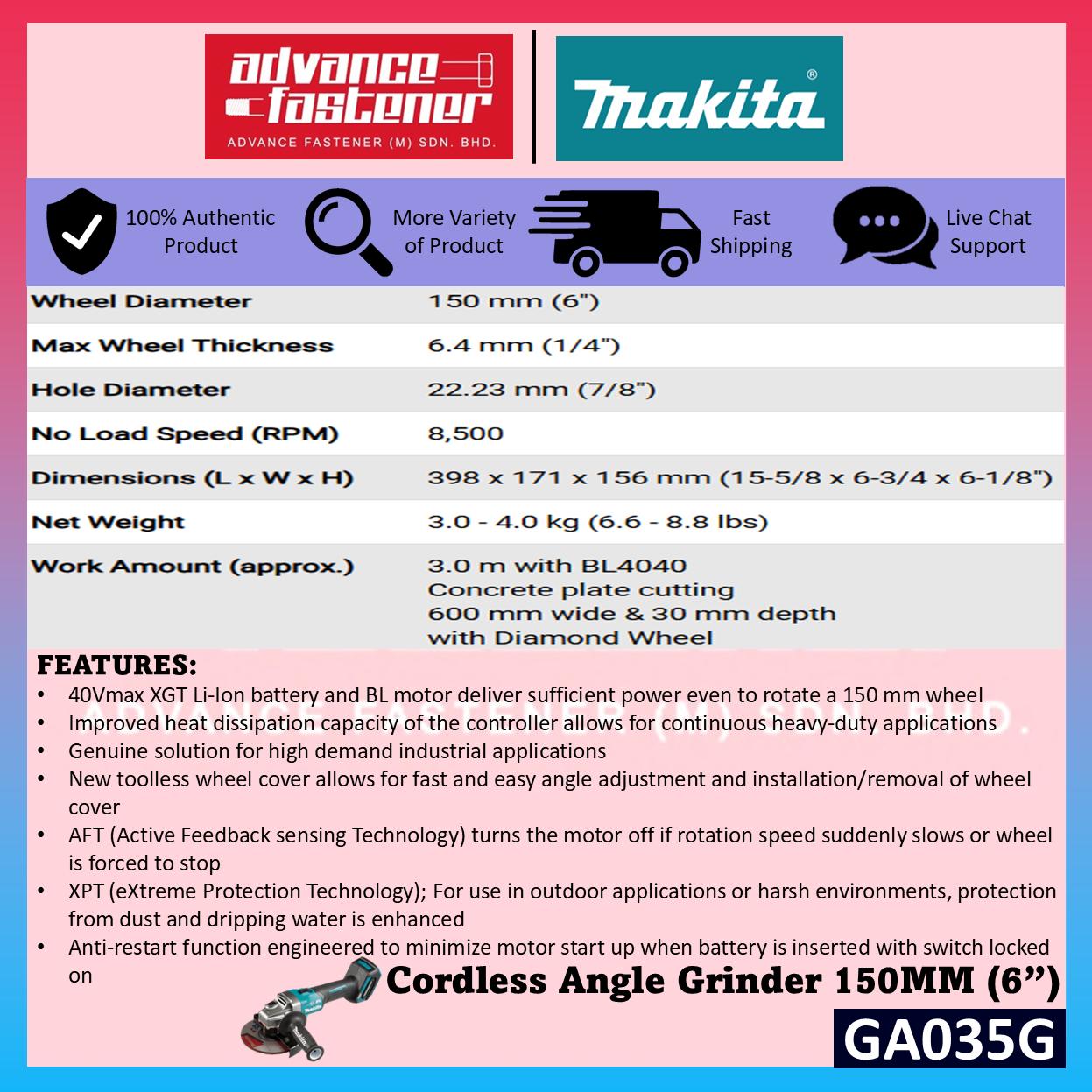 MAKITA GA035GZ 40Vmax Cordless Angle Grinder 150MM ( 6" ) ( Top Slide Switch )