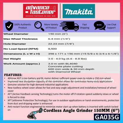 MAKITA GA035GZ 40Vmax Cordless Angle Grinder 150MM ( 6" ) ( Top Slide Switch )