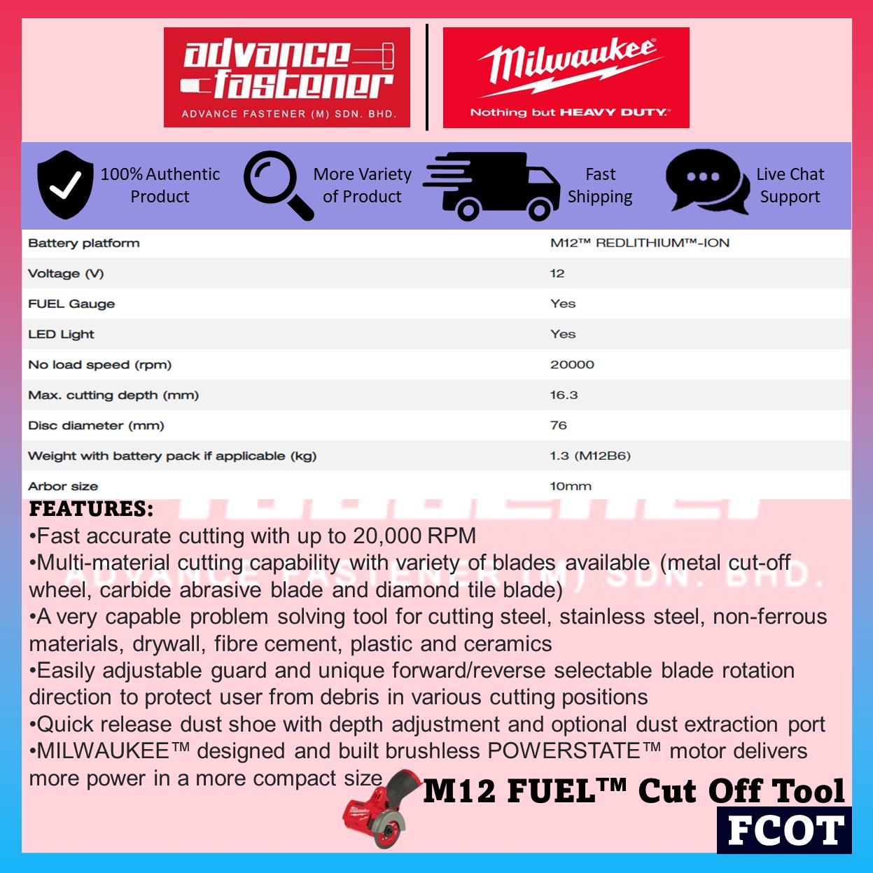 Milwaukee M12 COMBO ( FHAC16 Compact Rotary Hammer / FCOT Subcompact Cut-Off Saw / BLPDRC Percussion Drill / FIW2F12 Compact Impact Wrench / FPD2 Percussion Drill/Driver