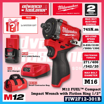 Milwaukee FIW2F12-251B / FIW2F12-0 M12 FUEL Compact Impact Wrench with Friction Ring 1/2" 745N.m