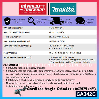 Makita GA042GM201 / GA042GD201 / GA042GZ 40Vmax Cordless Angle Grinder 100MM (4") ( GA042 )