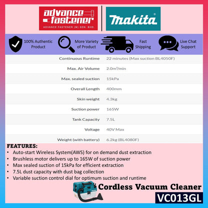 Makita VC013GL / VC013GLZ 40Vmax Cordless Vacuum Cleaner ( Wet & Dry )