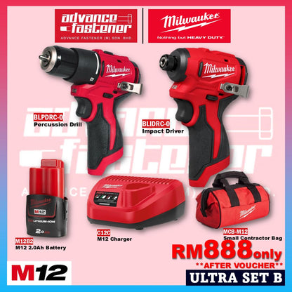 Milwaukee M12 ULTRA GO Brushless Combo Set / BLPDRC M12 Subcompact Brushless Percussion Drill / BLIDRC M12 Subcompact Brushless Impact Driver