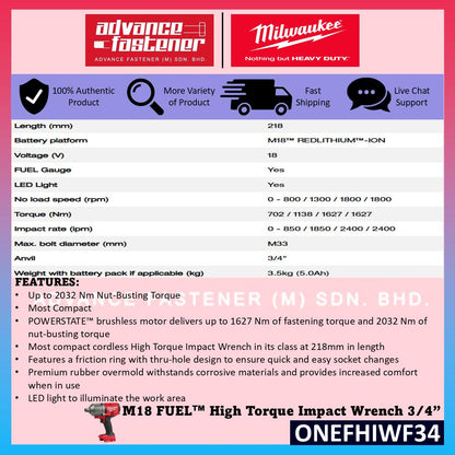 Milwaukee ONEFHIWF34-502X / ONEFHIWF34-0X0 M18 FUEL High Torque Impact Wrench 3/4"