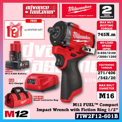 Milwaukee FIW2F12-251B / FIW2F12-0 M12 FUEL Compact Impact Wrench with Friction Ring 1/2" 745N.m