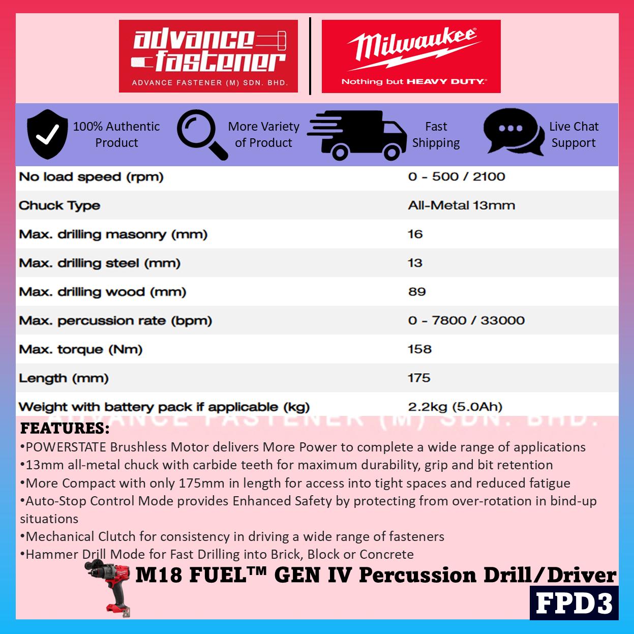 Milwaukee FPD3-502X / FPD3-0X0 M18 FUEL Gen IV Percussion Drill / Driver 13MM ( FPD3 )