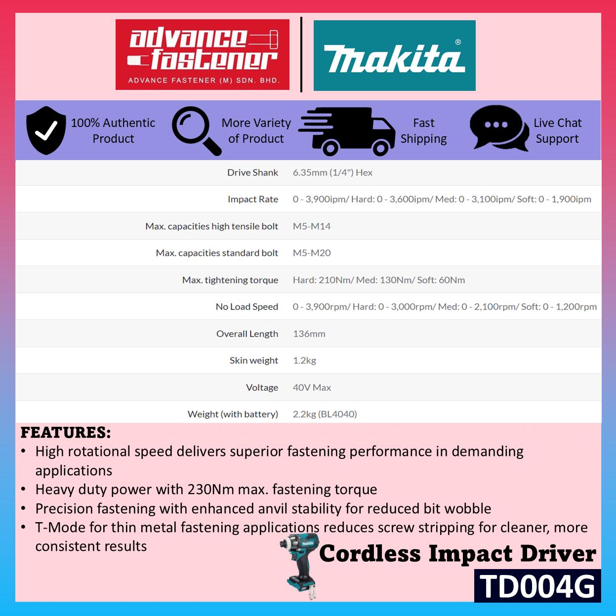 Makita TD004 / TD004GZ 40Vmax Cordless Impact Driver 6.35MM (1/4")