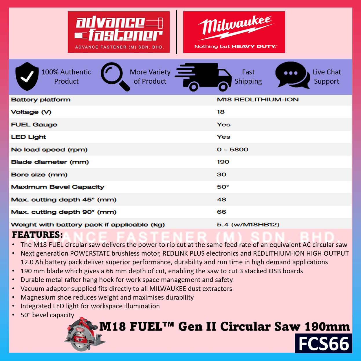 Milwaukee FCS66-502 / FCS66-0 M18 FUEL Gen II Circular Saw 190MM ( 7-1/2" )