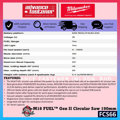 Milwaukee FCS66-502 / FCS66-0 M18 FUEL Gen II Circular Saw 190MM ( 7-1/2" )