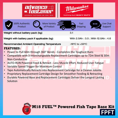 Milwaukee FPFT-501 / FPFT-0 M18 FUEL Powered Fish Tape Kit w/ FPFT18ACCY01 30m x 6mm Non-Conductive Powered Fish Tape Replacement Cartridge