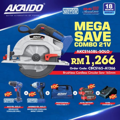 Akaido CBCS165-A1266 MEGA SAVE COMBO 21V ( AKCS165BL Circular Saw / AKM9021BL Impact Driver & AK21BL Impact Drill )