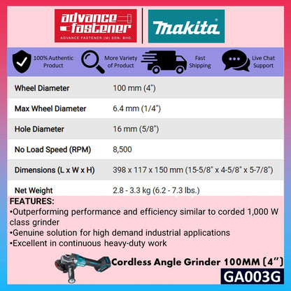 MAKITA GA003GM201 / GA003GD201 / GA003GZ 40Vmax Cordless Angle Grinder 100MM (4")