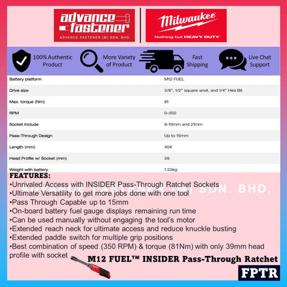Milwaukee FPTR-251 / FPTR-0 M12 FUEL INSIDER Extended Pass-Through Ratchet