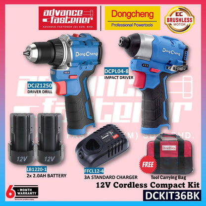 DONG CHENG DCKIT36BK 12V Brushless Cordless Compact Kit ( DCJZ1250 12V Brushless Driver Drill / DCPL04-8 12V Brushless Impact Driver )
