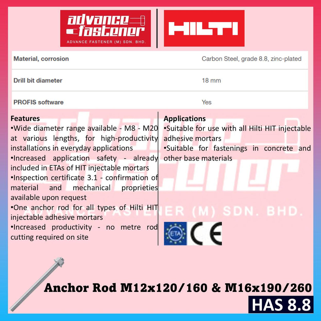 HILTI HAS 8.8 Anchor Rod M12 x 120 / M12 x 160 / M16 x 190 / M16 x 260 ( 8.8 Carbon Steel )