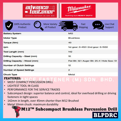 Milwaukee M12 COMBO ( FHAC16 Compact Rotary Hammer / FCOT Subcompact Cut-Off Saw / BLPDRC Percussion Drill / FIW2F12 Compact Impact Wrench / FPD2 Percussion Drill/Driver