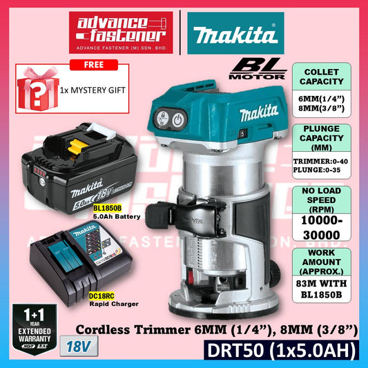 Makita DRT50ZJX9 / DRT50Z 18V Cordless Trimmer Router 6MM (1/4") , 8MM (3/8") | Mesin Trimmer Kayu