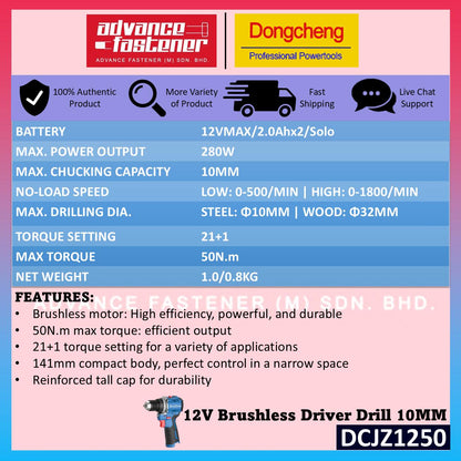 DONG CHENG DCKIT36BK 12V Brushless Cordless Compact Kit ( DCJZ1250 12V Brushless Driver Drill / DCPL04-8 12V Brushless Impact Driver )