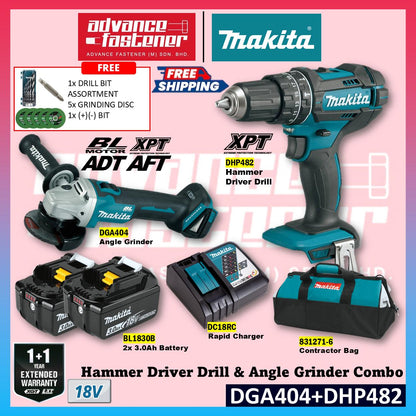 MAKITA 18V Cordless Combo Set ( DHR242 18V Cordless Combination Hammer DHP482 18V Cordless Hammer Driver Drill DGA404 18V Cordless Angle Grinder DTD156 18V Cordless Impact Driver )
