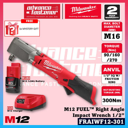 Milwaukee FRAIWF12-301B / FRAIWF12-0 M12 FUEL Right Angle Impact Wrench 1/2”