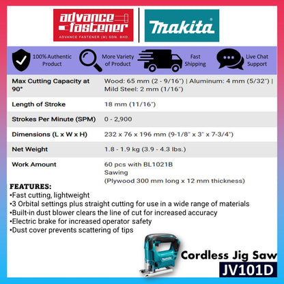MAKITA JV101DZ / JV101DWYE / JV101DWAE 12Vmax Cordless Jig Saw
